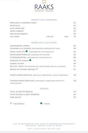 Menu with vegan options at Raaks in Den Burg
