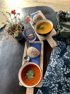 Moroccan Tomato and Pumpkin soup both vegan 🌱  at Raaks in Den Burg