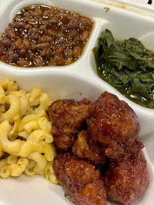 Soul Food dinner! Crispy BBQ cauliflower, mac n’ cheese, beans, greens   at Your Vegan Chef in Dayton