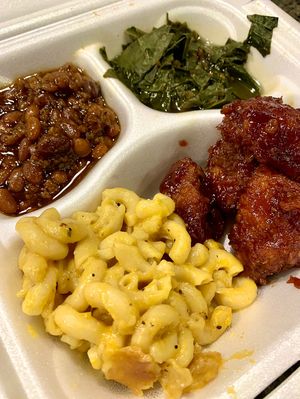 Soul Food dinner! Crispy BBQ cauliflower, mac n’ cheese, beans, greens   at Your Vegan Chef in Dayton