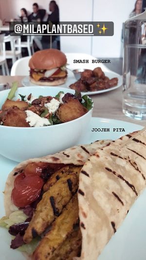 Smash burger & joojeh pita 🌱 at MILA in Vancouver