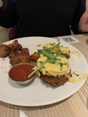 Crab cake Benedict  at MILA in Vancouver