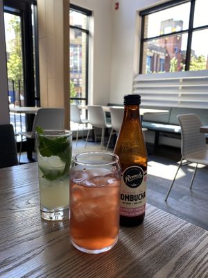 Mojito and kombucha plus dining room  at MILA in Vancouver