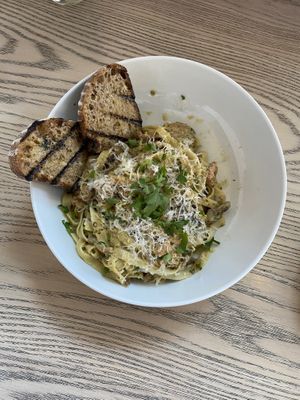 Mushroom and sausage tagliatelle  at MILA in Vancouver
