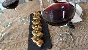 Aburi lox oshi; Indigenous World Winery Pinot Noir at MILA in Vancouver
