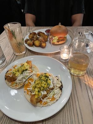 celeriac cod tacos and smash burger  at MILA in Vancouver