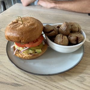 Smash Burger, add avocado, side smash potatos   at MILA in Vancouver