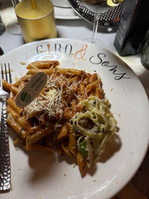 Loved the spicy penne and tried the vegan fettuccine as well. Wonderful fruit based tart-like vegan dessert not photographed.   at Ciro and Sons in Florence