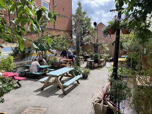 The outdoor eating area   at The Nut and Nettle in Bridlington