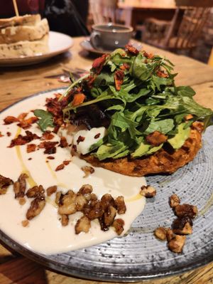 Waffle with bacon, avocado, bechemel, and walnuts at The Nut and Nettle in Bridlington