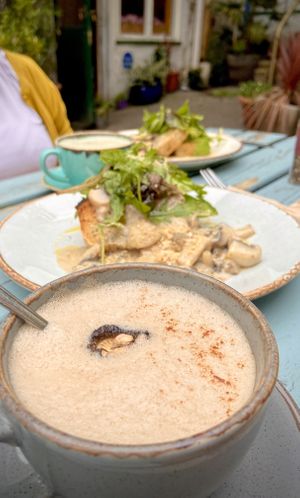 Front to back: Mushroom & Maca Latte. Garlic mushrooms on toast (both plates). Nettle & Spinach Latte. All was amazing!  at The Nut and Nettle in Bridlington