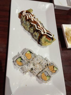 Vegan Spicy tuna and fried veggie roll. Yum!  🤤  at Yanagi Sushi in Gilbert