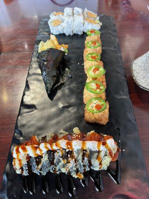 F: Monsoon Roll; R: vegan crispy rice roll; L: shrimp hand roll  at Yanagi Sushi in Gilbert