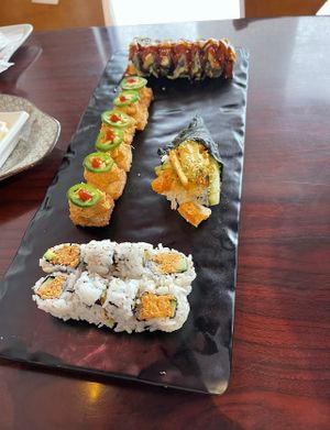 F: Vegan spicy tuna roll; L: Vegan crispy rice roll; R: vegan shrimp hand roll   at Yanagi Sushi in Gilbert