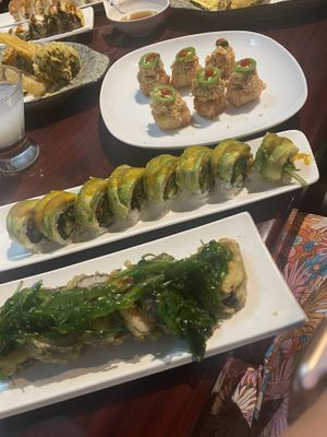 Crispy rice cakes (top), veggie delight roll (middle), shrimp monsoon roll (bottom)   at Yanagi Sushi in Gilbert