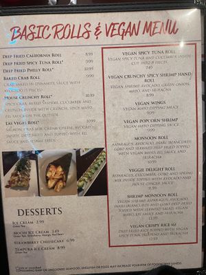 Vegan menu  at Yanagi Sushi in Gilbert