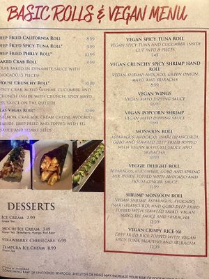 Vegan menu   at Yanagi Sushi in Gilbert