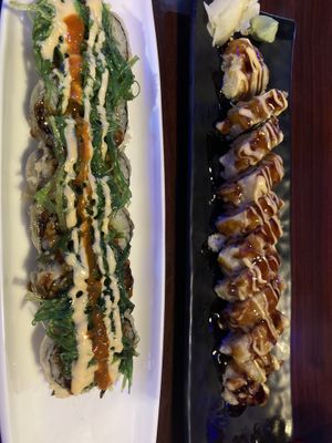 L: shrimp monsoon roll, R: spicy tuna roll. All vegan.  at Yanagi Sushi in Gilbert