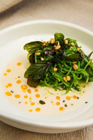 Spring of sprouts - Sweet potato noodles, kale pesto, oat milk and toasted pine nuts at Ten Acre Block in Perth