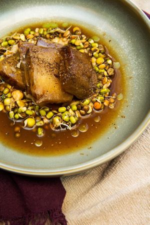 Braised egg plant, lentil sprouts & Jerusalem artichoke puree at Ten Acre Block in Perth
