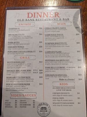 Dinner menu as of 24/08/2024 at Old Bank Restaurant & Bar in Dubbo