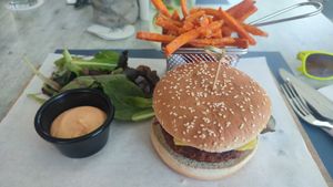 Vegan burger with sweet potato and creamy chilli sauce  at Hippocampus in Protaras