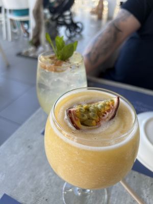 Mango spritz (mocktail) in the background and Passionfruit daiquiri in foreground   at Hippocampus in Protaras