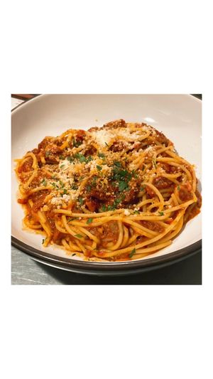 Spicy ALMOST Bolognese ( vegan spaghetti is gluten free)  at Lovina in Calistoga