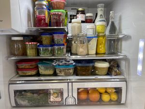 Post Retreat Fridge situation. During a week with me, we make spring rolls, veggie sushi, bread, sprouts, cheezy sauce, overnight oats, 2 to 3 salad dressings and MORE! at Plant Life Journey Retreats in South Haven