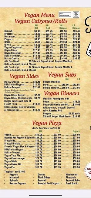 Vegan menu: so many options!  at Pat D's Pizza in Howell