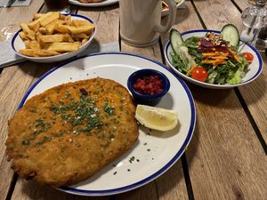 Kohlrabischnitzel with fries and side saladd  at Spezlwirtschaft in Munich