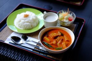 The vegan curry lunch set. It came with a hot coconut milk tapioca dessert which was really tasty! at Jumonji Cafe 十文字カフェ in Kuroishi