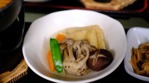 mushrooms, tofu, vegetables at Aoni Onsen in Kuroishi