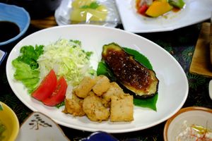 fried tofu and eggplant at Tabinoyado Saikawa in Kuroishi