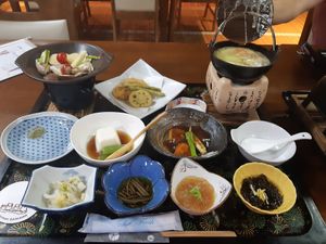 Dinner. Additionally there was a dessert and rice and miso soup at Tabinoyado Saikawa in Kuroishi