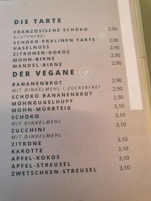 Menu with vegan cakes at Verenas in Innsbruck