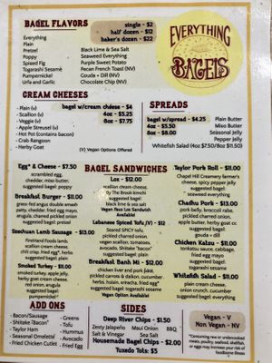 Menu clearly marks vegan options   at Everything Bagels in Durham