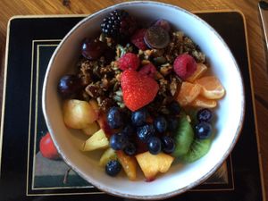 vegan granola and fruit bowl with soya yogurt included in breakfast every morning at Clachamish House Vegetarian B&B in Isle Of Skye