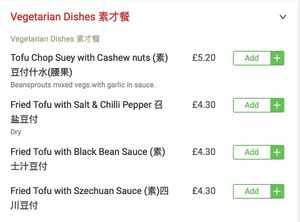 Tofu options at Boulevard Chinese Take Away in Shirley