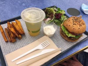 Burger with combo (sweet potato fries, greens and lemonade( at Treehouse in Hong Kong Island