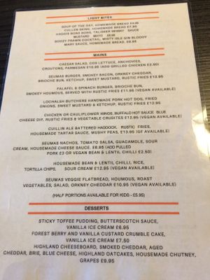 menu at Seumas' Bar in Isle Of Skye