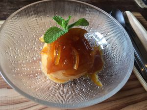 Mango tofu ice cream with home made marmalade  at Uki Cafe in Okayama
