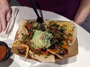 The small order of nachos, which is actually more than enough for dinner at Pepitas Vegan Taqueria in Denton