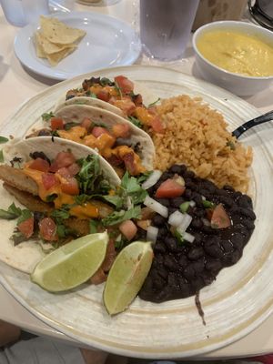 Fried chicken tacos lacked taste. Beans and rice were good. Chips were stale    at Pepitas Vegan Taqueria in Denton