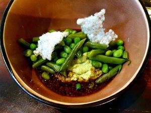 Teriyaki with peas, edamame, beans & tapioca crisp at Hummelbude in Essen