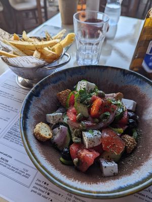 Vegan Greek salad and fries at Istros in Kos