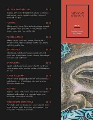 MENU MEXICAN SPCECIALS at Plantivoros in Playa Del Carmen