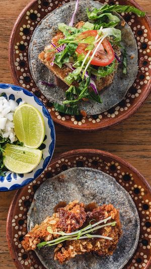 Tacos: chickpea cutlet and KFC oyster mushroom fried "chicken" at Plantivoros in Playa Del Carmen