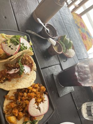 From top to bottom: cauliflower baja style, KFC (Kentucky style), and papas (potatoes)  at Plantivoros in Playa Del Carmen