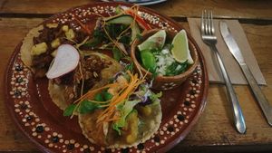 mixed tacos (pastor, cauliflower, kfc)   at Plantivoros in Playa Del Carmen
